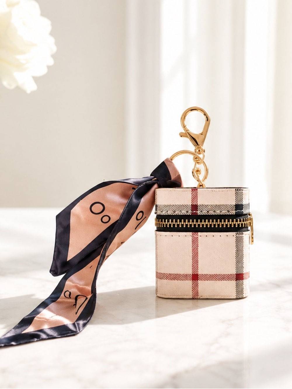 Beige Plaid Keychain Pouch with Gold Hardware